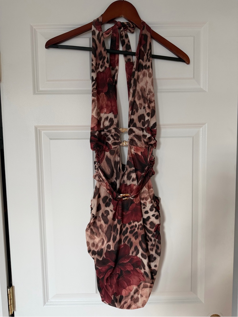 Windsor Burgundy Floral & Leopard Halter mini Dress with Gold Rings